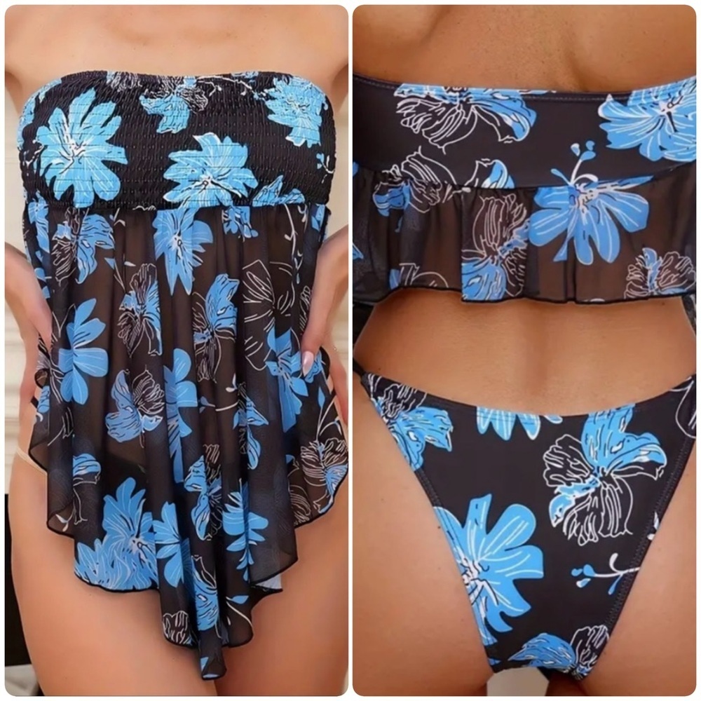 Blue Floral Smocked Tankini Set
